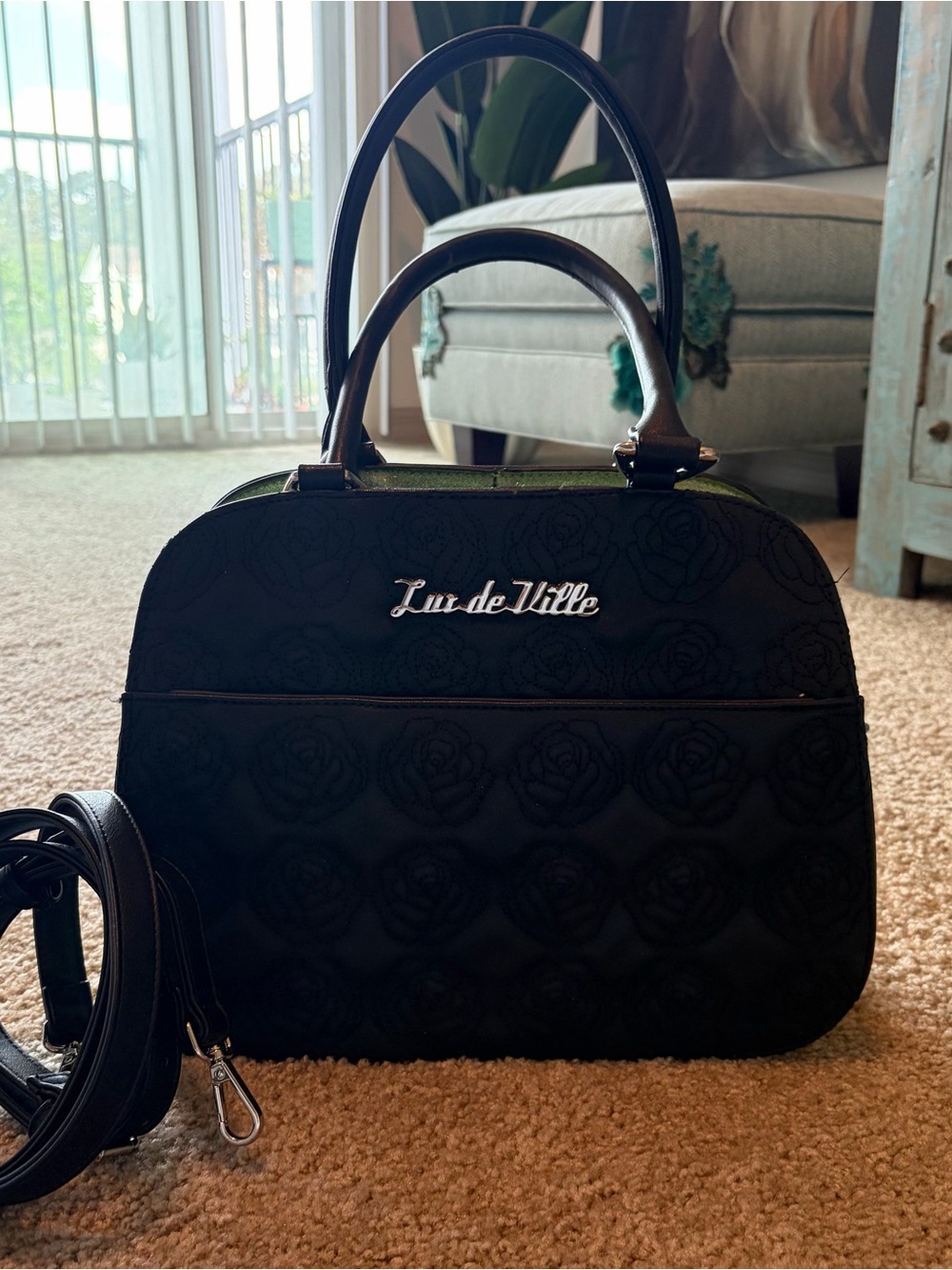 Lux de Ville Black Quilted Rose Dome Satchel